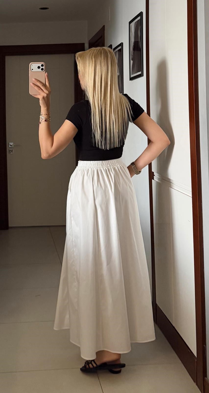 BEYAZ POPLİN VOLANLI CEPLİ ETEK
