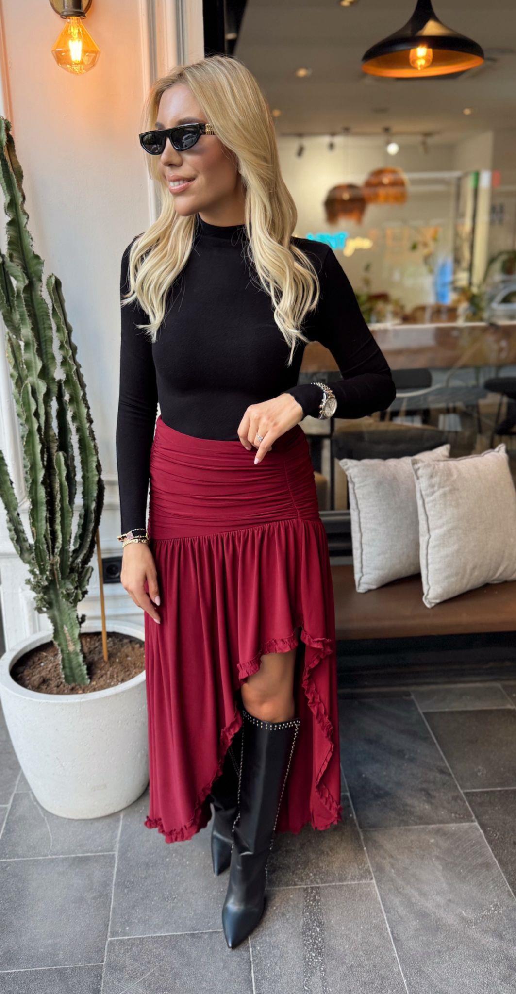 BORDO DRAPELİ YIRTMAÇLI TASARIM ETEK