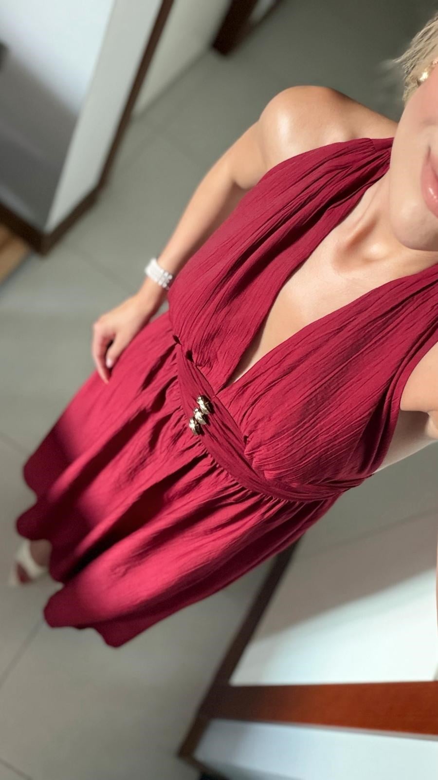 BORDO LENNOX HALTER YAKA GOLD DÜĞMELİ ELBİSE
