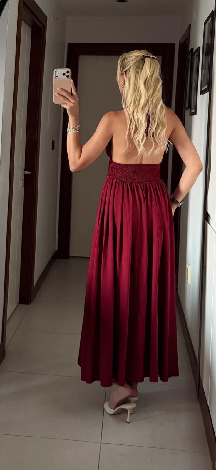 BORDO LENNOX HALTER YAKA GOLD DÜĞMELİ ELBİSE