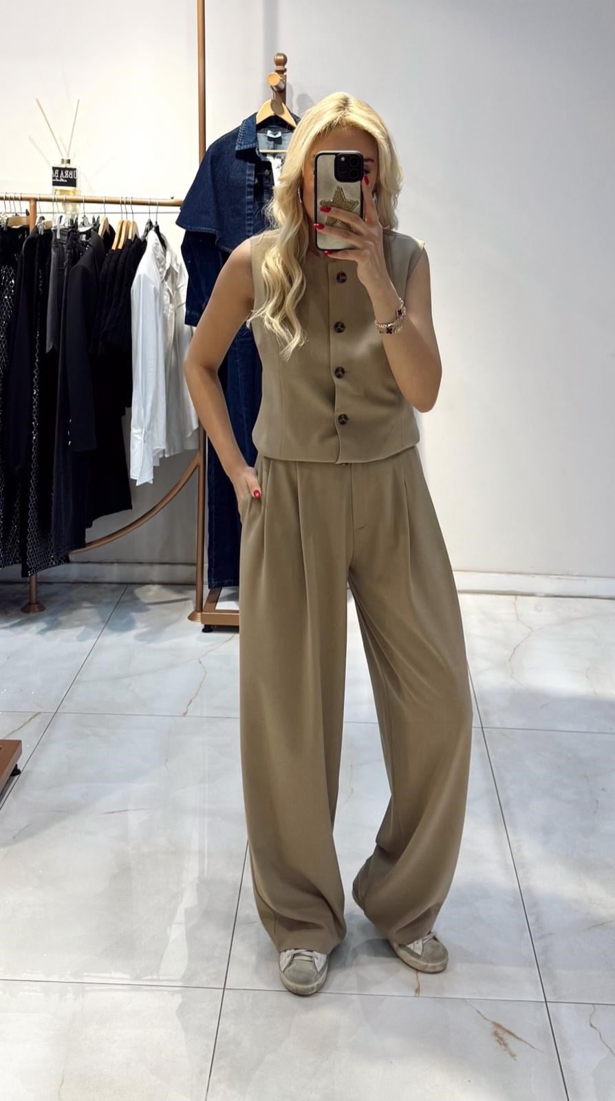 CAMEL PREMİUM BELİ LASTİKLİ DÜĞME DETAY PALAZZO PANTOLON 