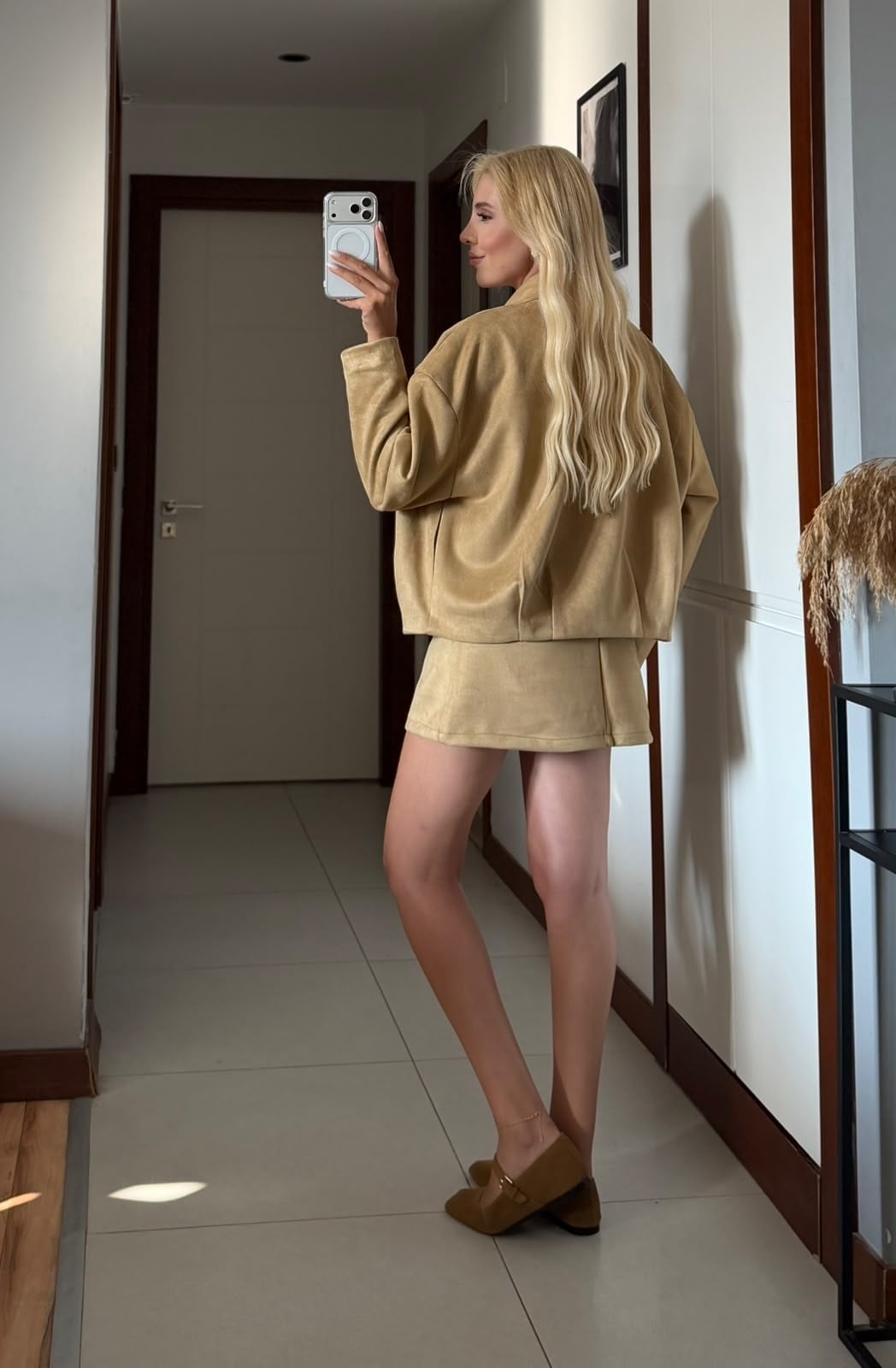 CAMEL SUET KEMER DETAYLI MİNİ ETEK