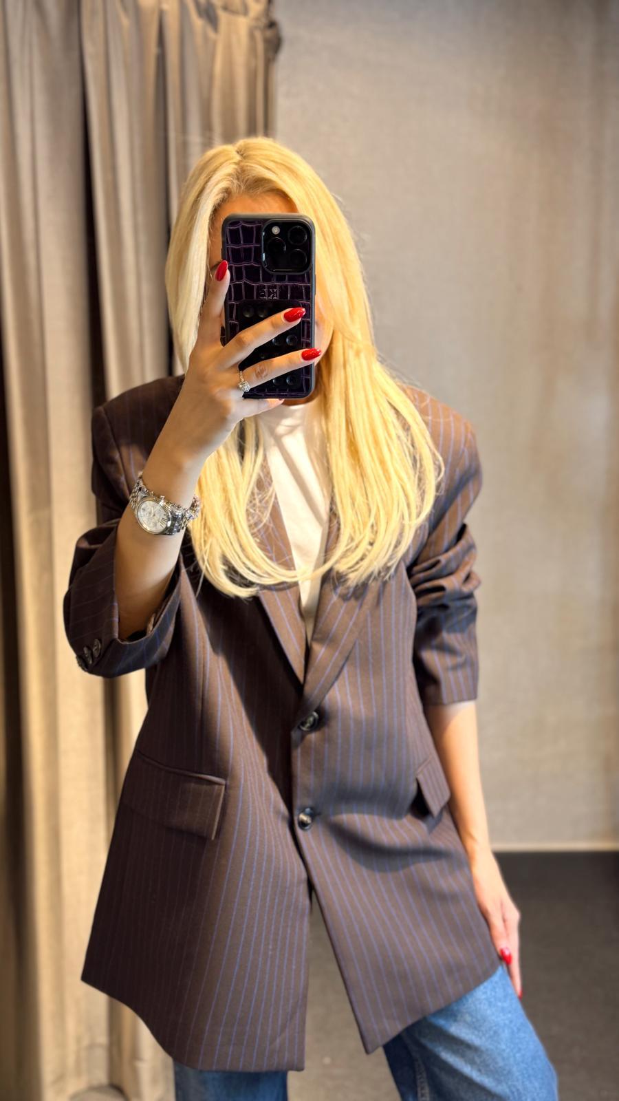 ÇİZGİLİ OVERSİZE BLAZER CEKET ACI KAHVE
