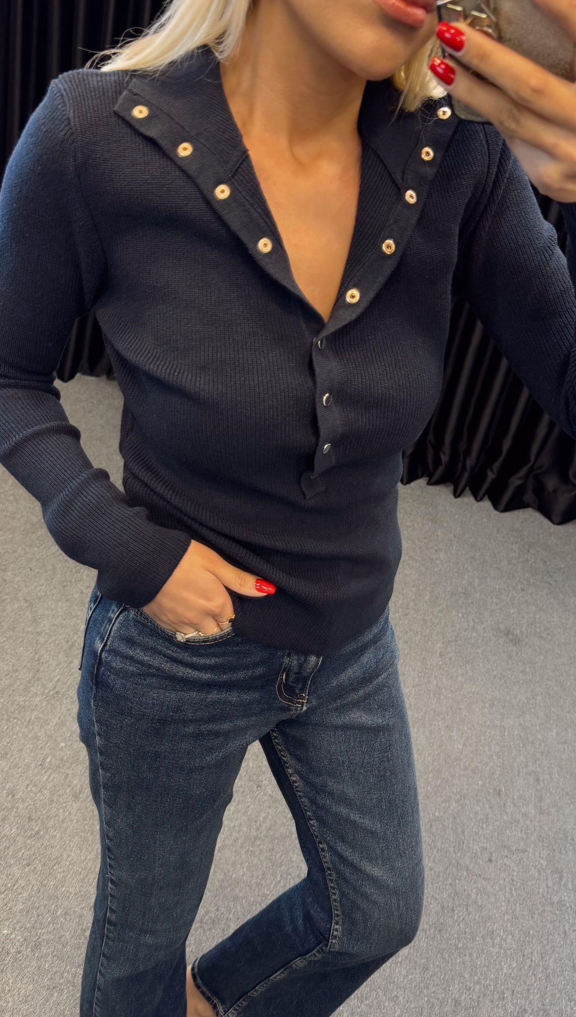 DİLVİN DİK YAKA ÇITÇITLI ÇELİK ÖRME TRİKO LACİVERT