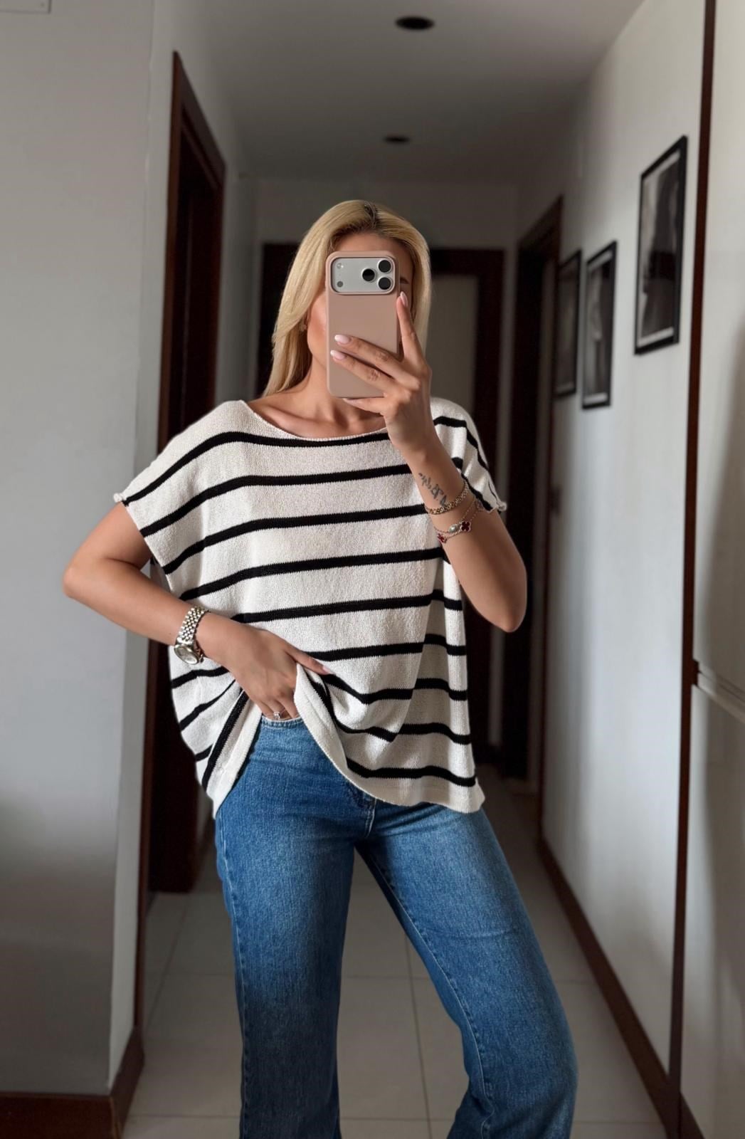 EKRU SİYAH ÇİZGİLİ MERSERİZE TRİKO BLUZ