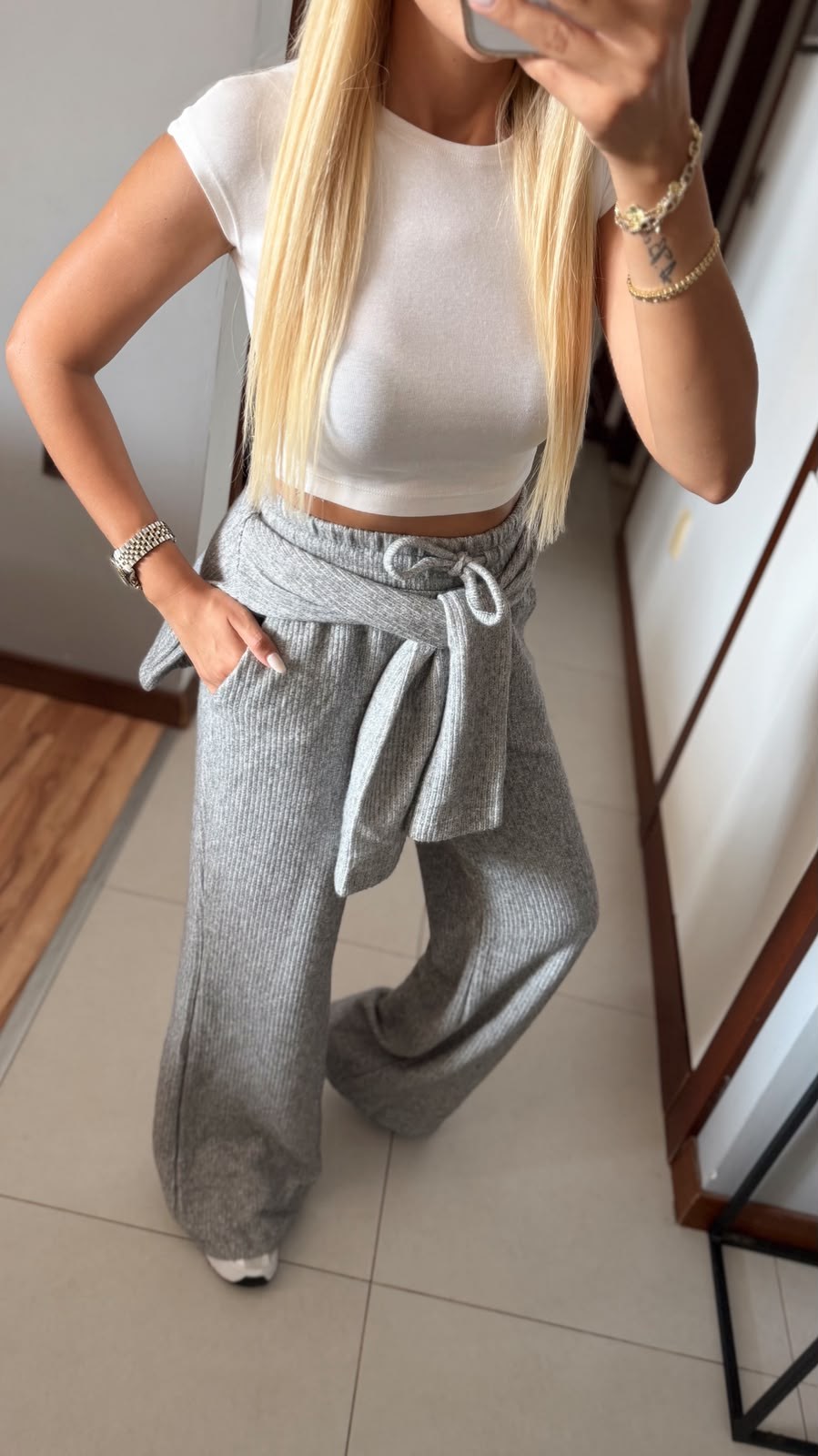 GRİ BOL PAÇA PANTOLON BLUZ TAKIM