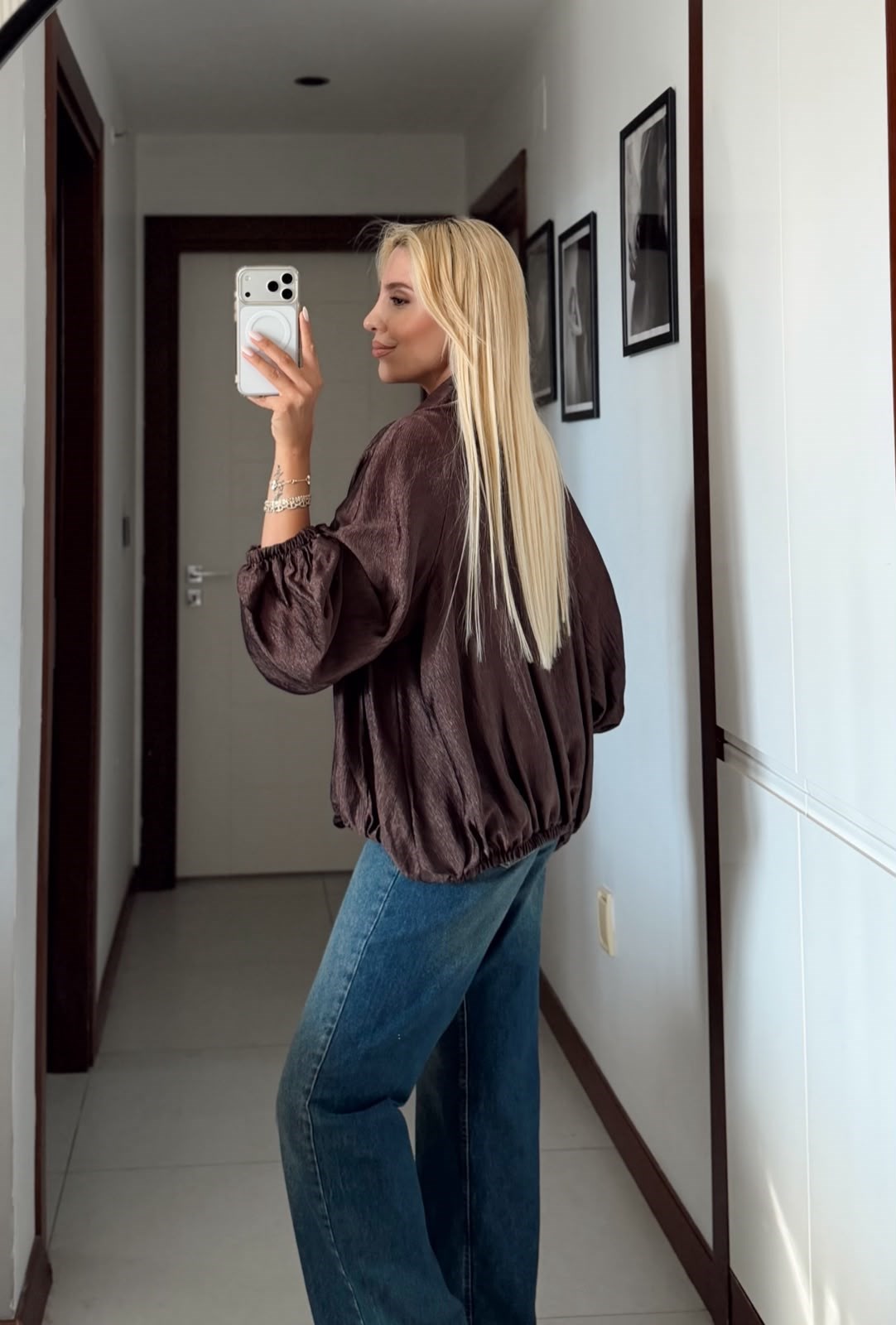 KAHVE BALON KOL GOLD DÜĞME DETAYLI CEKET
