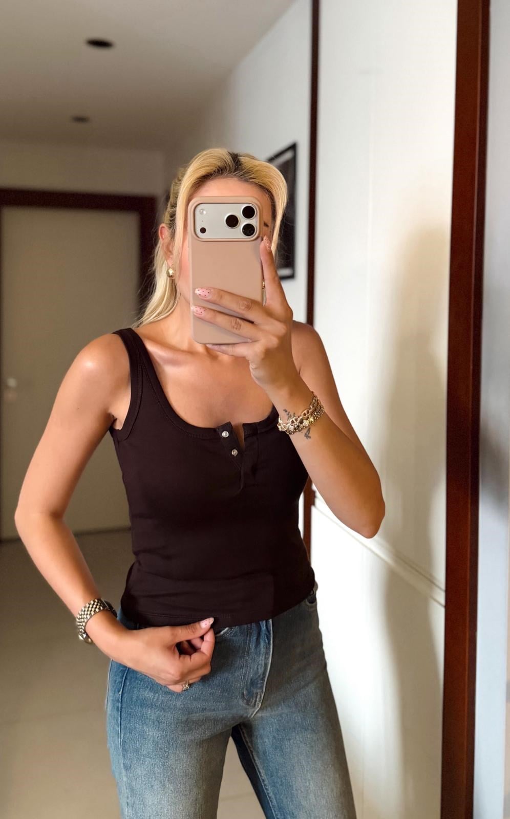 KAHVE DİLVİN ÖNÜ ÇIT ÇIT DÜĞMELİ ATLET