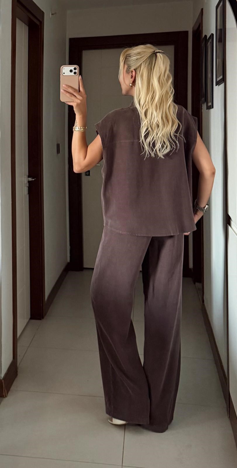 KAHVE ENORA TENSEL SİLVER DÜĞMELİ YELEK PANTOLON TAKIM