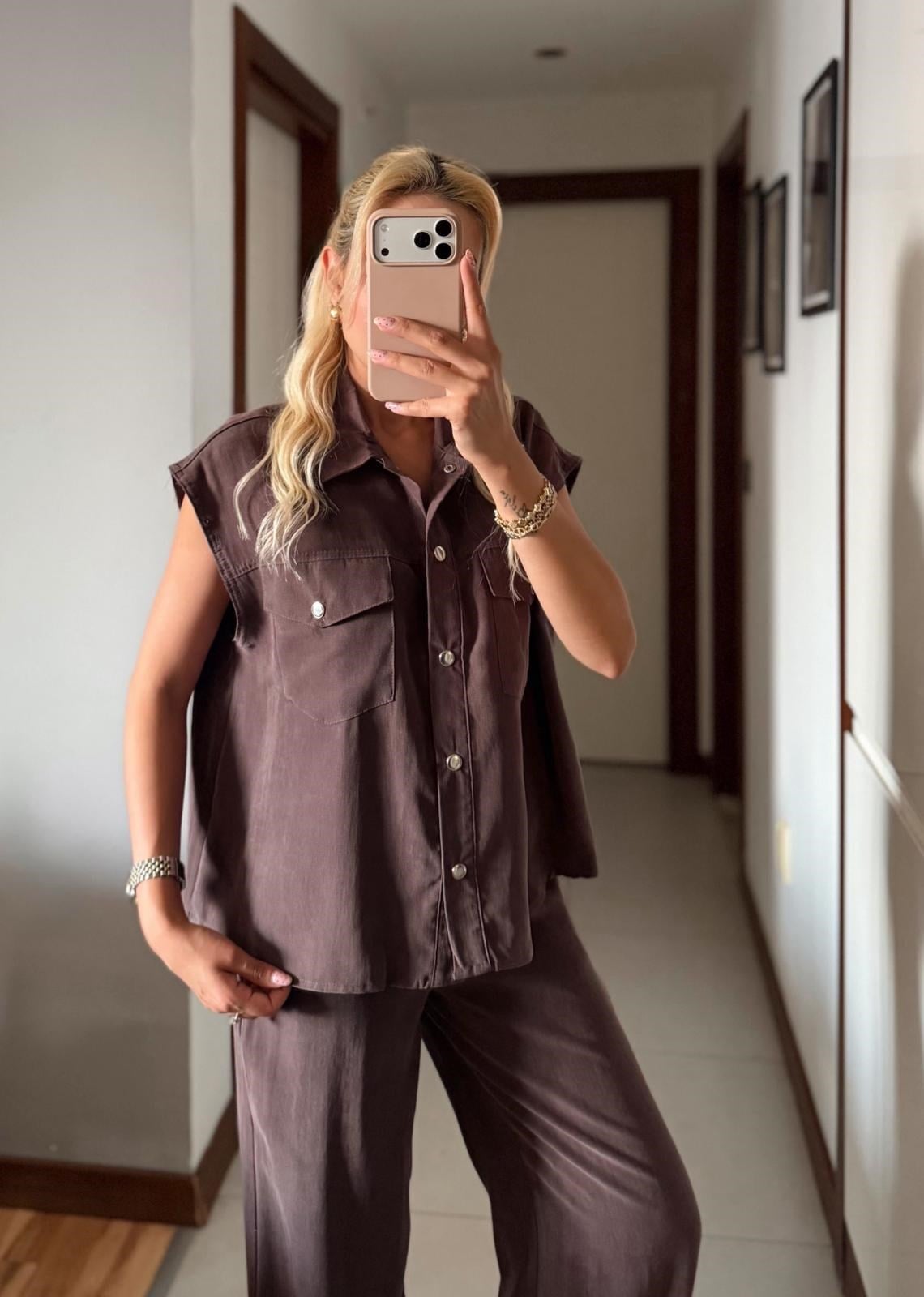 KAHVE ENORA TENSEL SİLVER DÜĞMELİ YELEK PANTOLON TAKIM