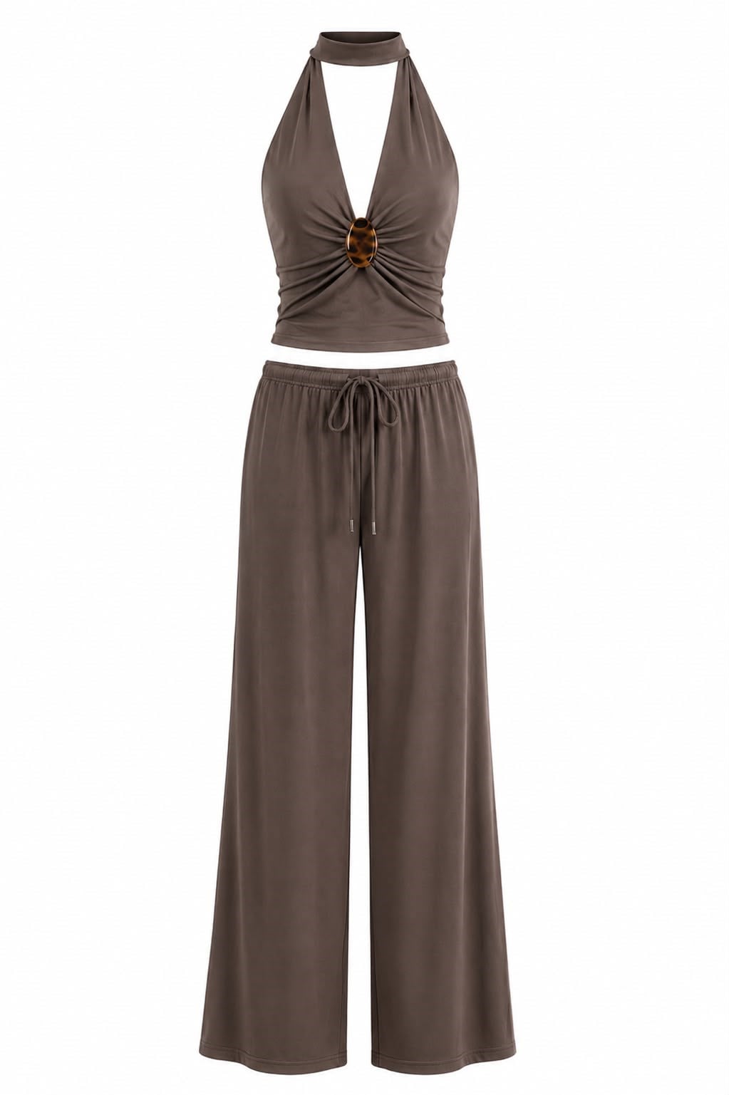 KAHVE GOLD BROŞLU BLUZ PANTOLON TAKIM