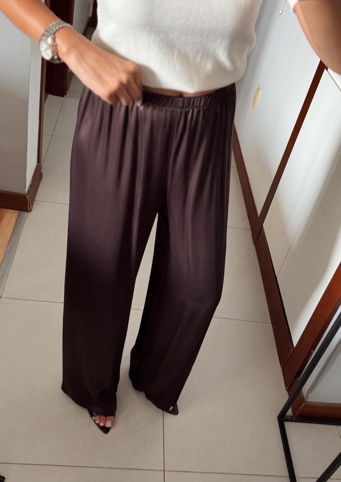 KAHVERENGİ ŞAL DETAYLI DANTEL GENİŞ PAÇA PANTOLON 