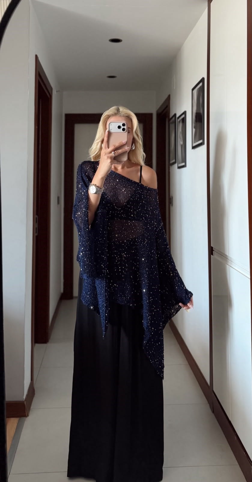 LACİVERT ASİMETRİK KESİM IŞILTILI PANÇO