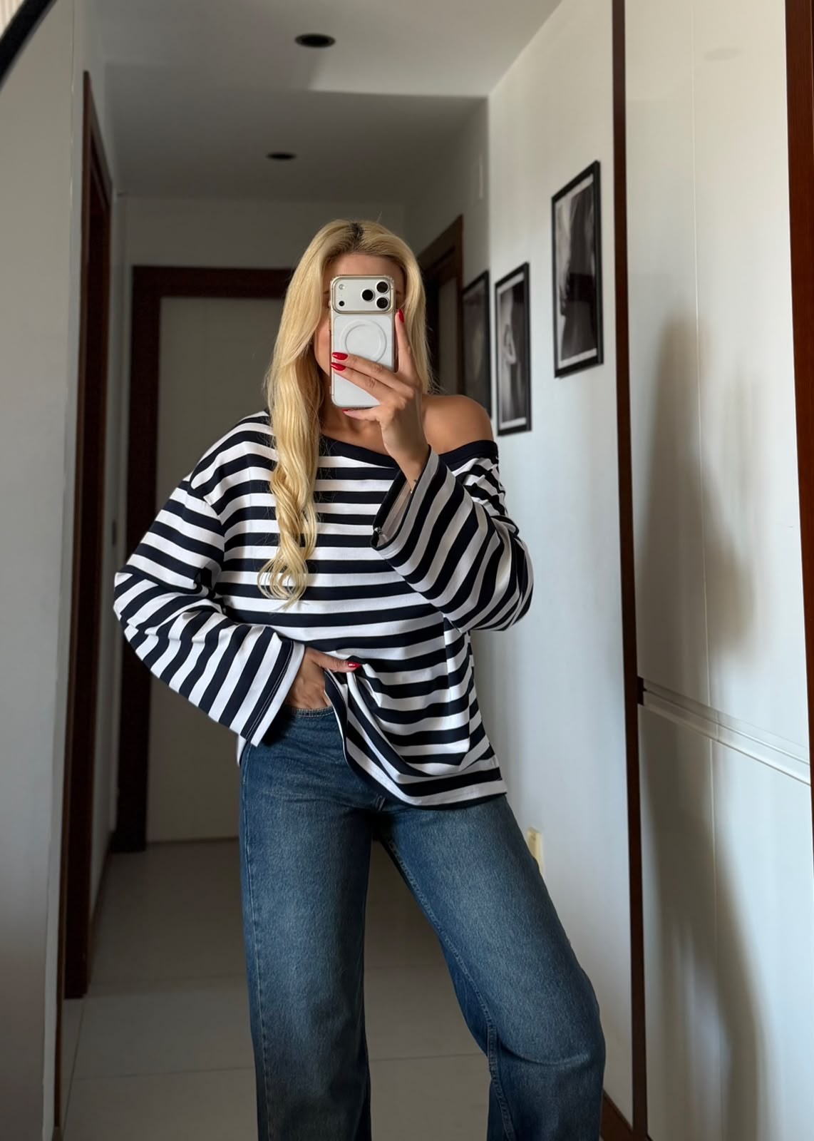 LACİVERT ÇİZGİLİ KAYIK YAKA BLUZ