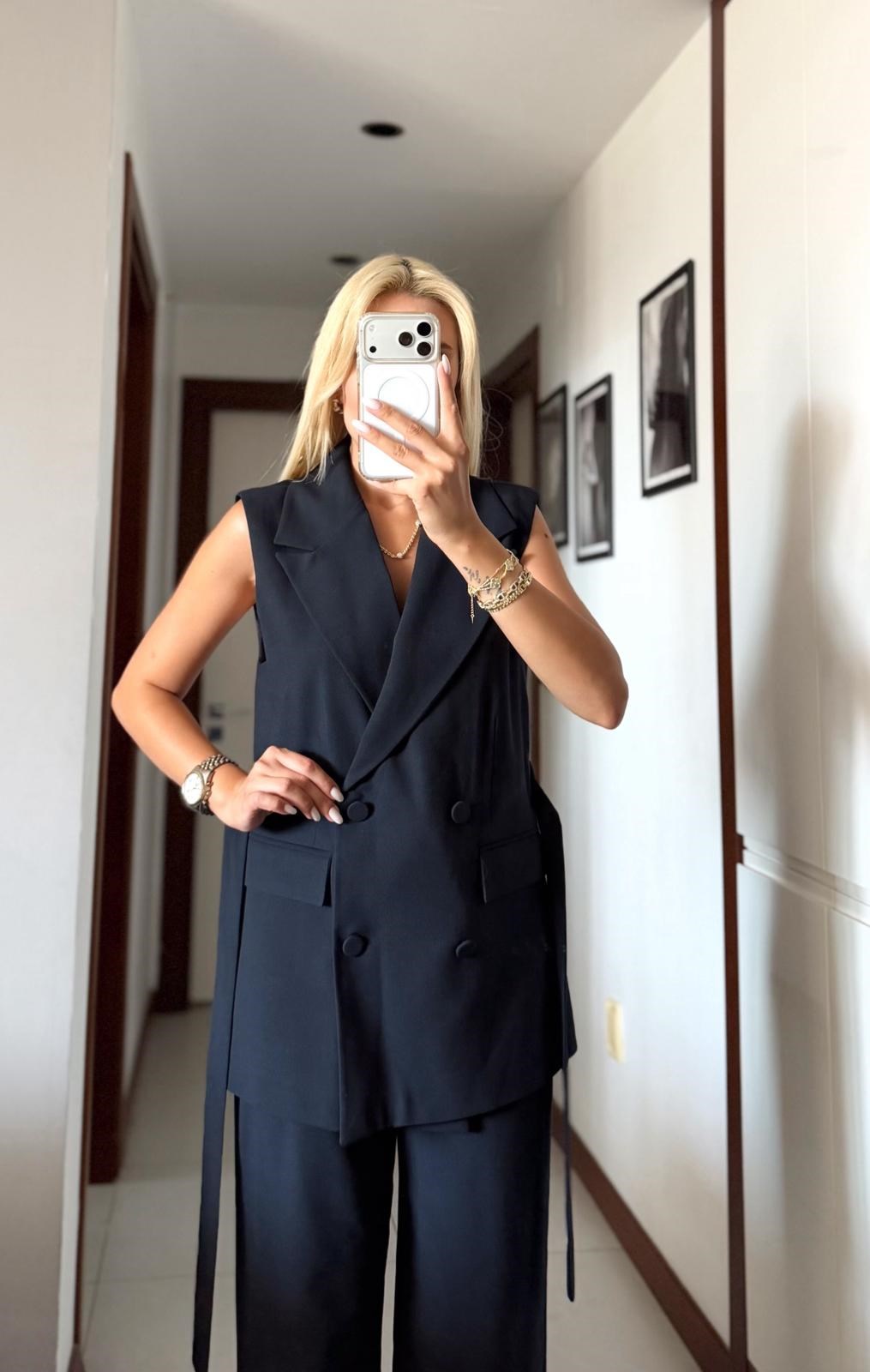 LACİVERT KRUVAZE KUŞAK DETAYLI YELEK PANTOLON TAKIM
