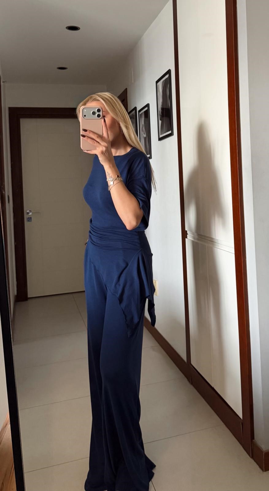 LACİVERT RİBANA YANI BÜZGÜLÜ TSHİRT BELİ LASTİKLİ PANTOLON TAKIM