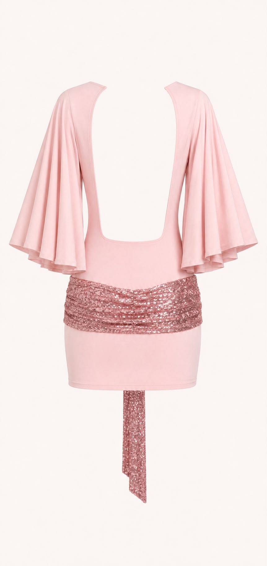 LADY PEMBE PAYET KUŞAKLI SIRT DEKOLTELİ ELBİSE