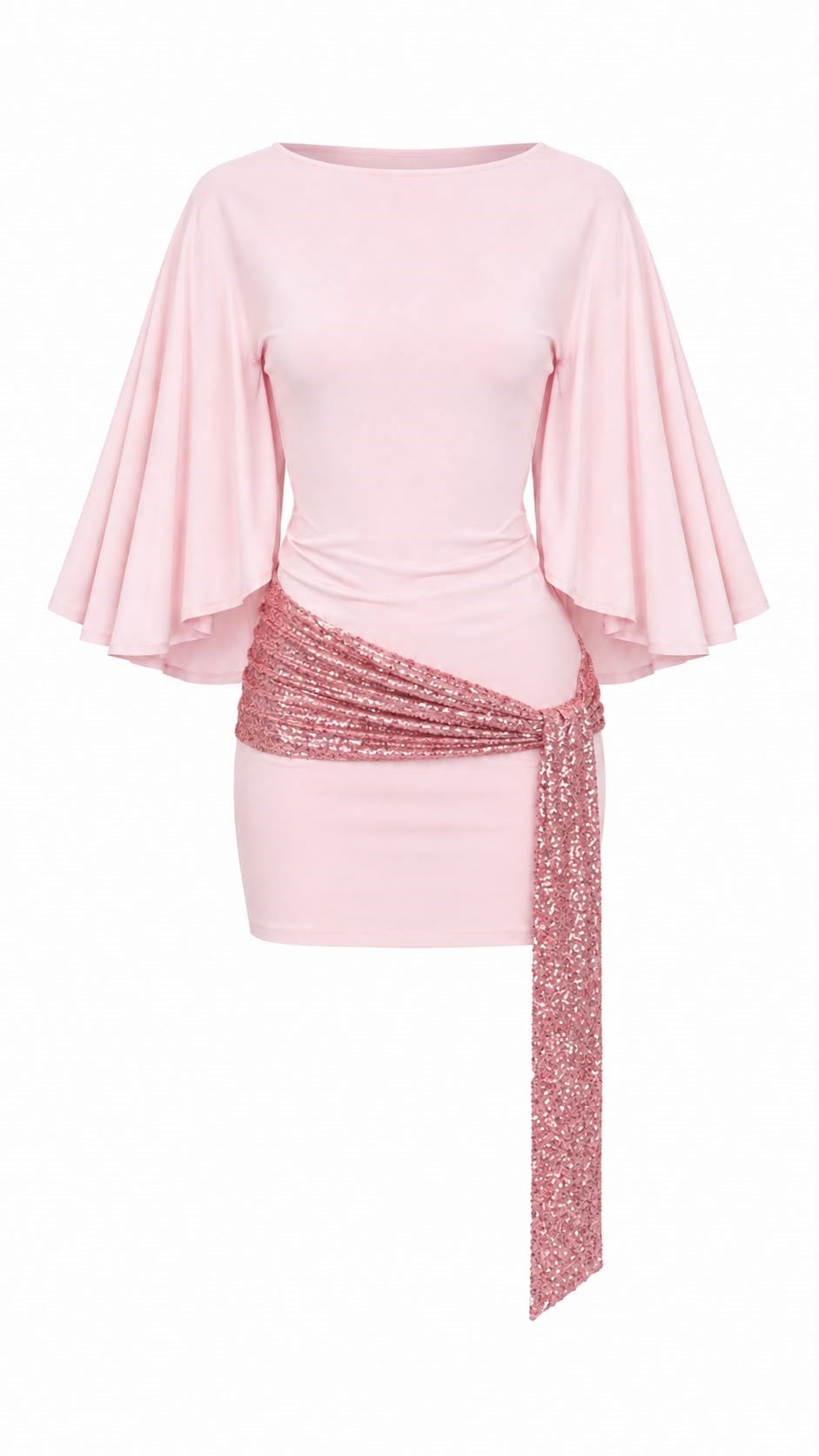 LADY PEMBE PAYET KUŞAKLI SIRT DEKOLTELİ ELBİSE