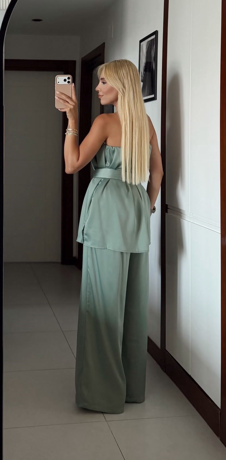 MİNT YEŞİL SATEN FULARLI STRAPLEZ BLUZ PANTOLON TAKIM