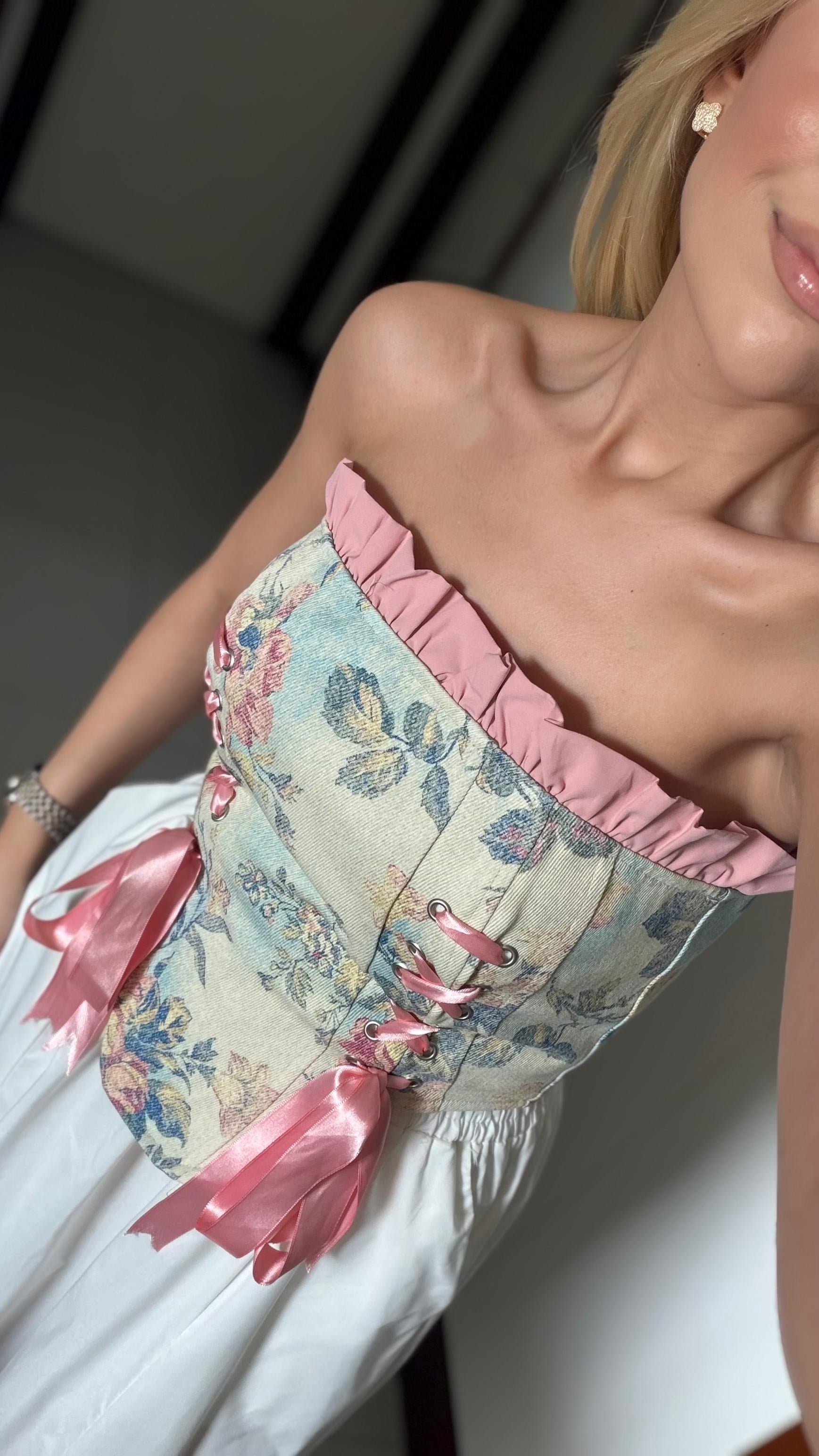 PEMBE ÇİÇEK DESEN KURDELA DETAYLI KORSE BÜSTİYER