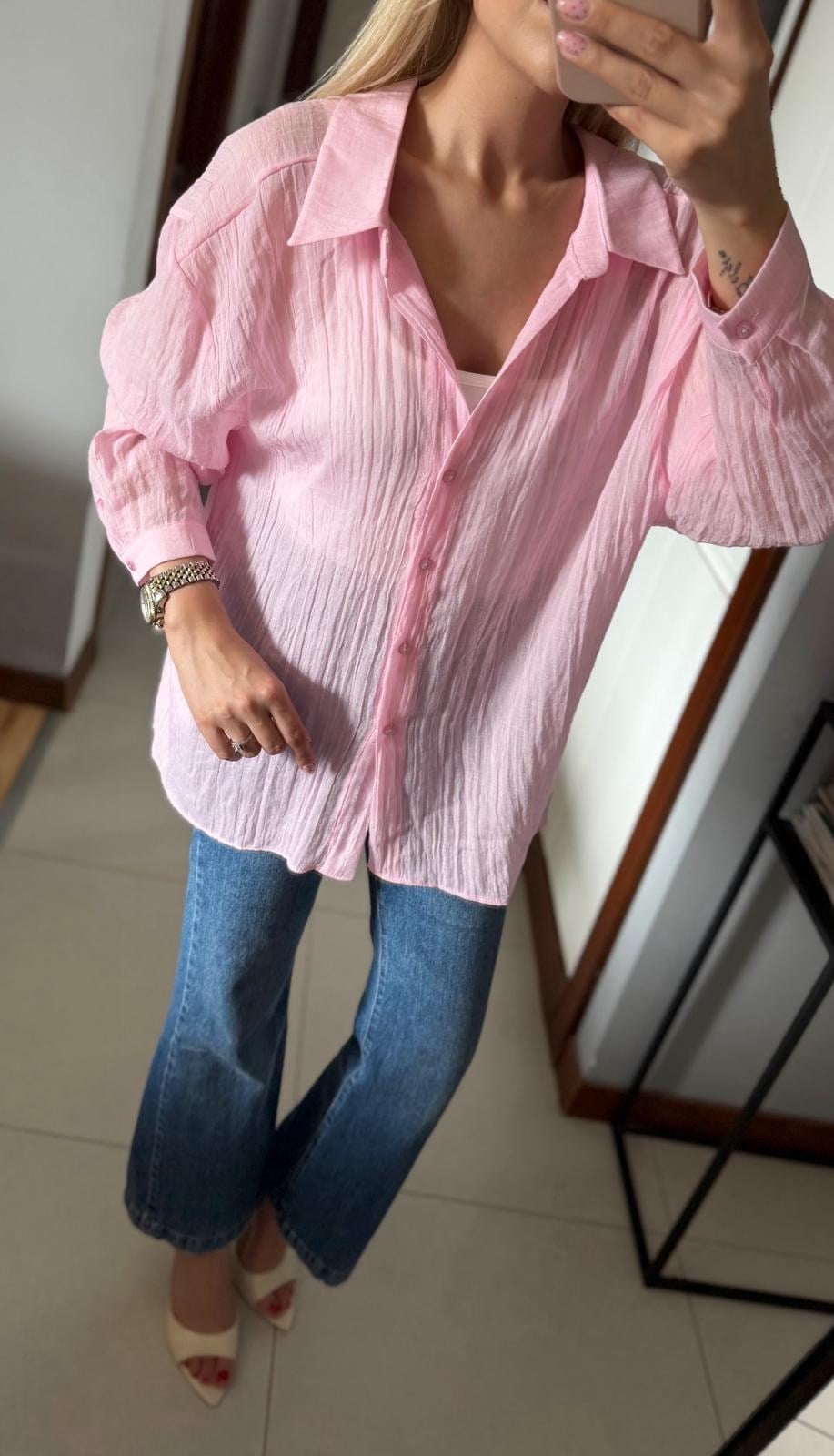 PEMBE OVERSİZE TENSEL GÖMLEK