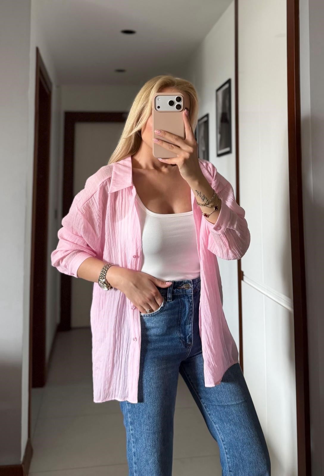 PEMBE OVERSİZE TENSEL GÖMLEK