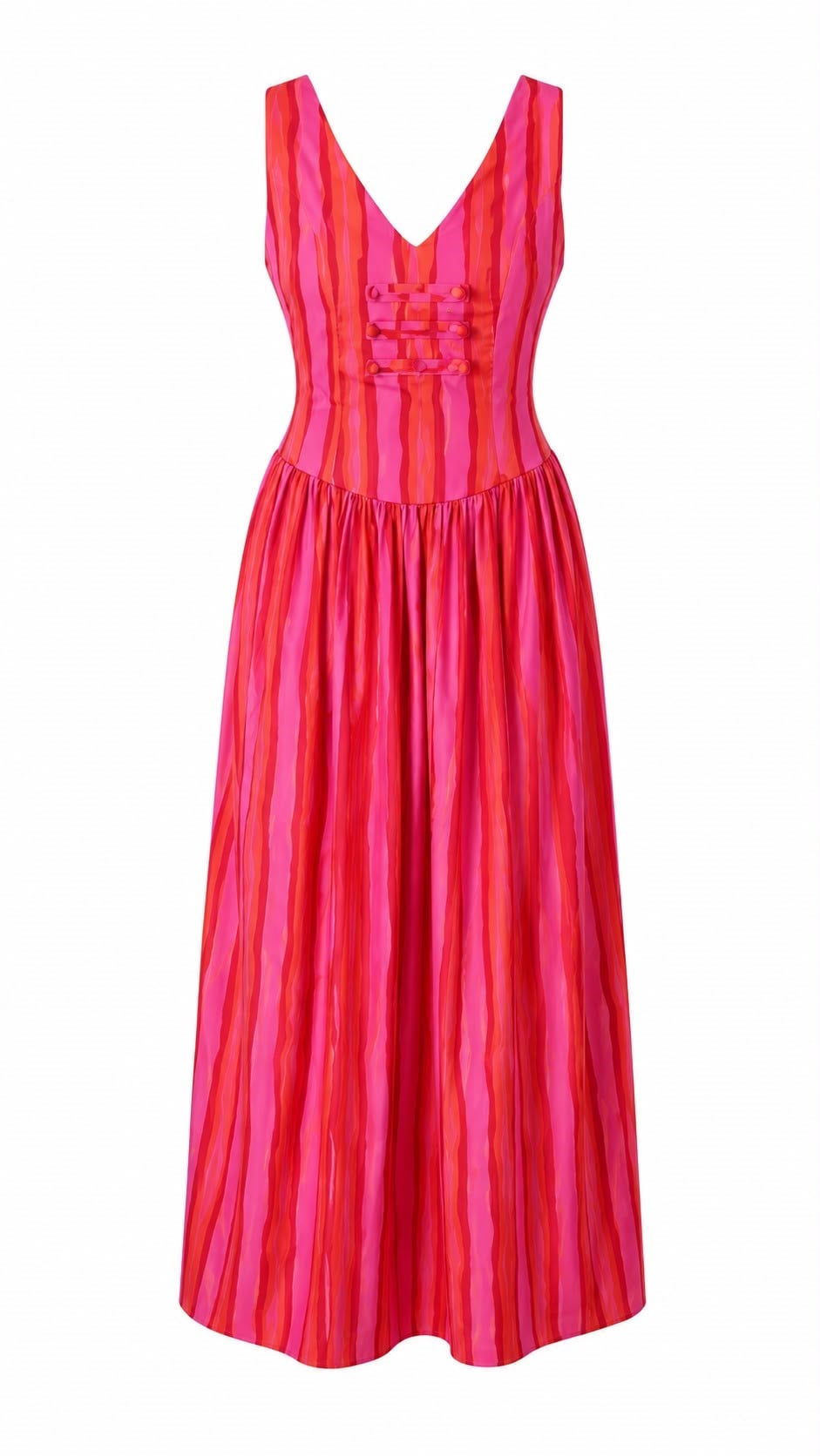 PEMBE SÜSLÜ DÜĞMELİ ÇİZGİLİ ELBİSE