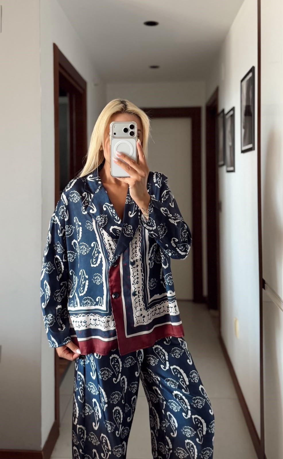 RONA ŞAL DESEN LACİVERT KRUVAZE CEKET PANTOLON TAKIM