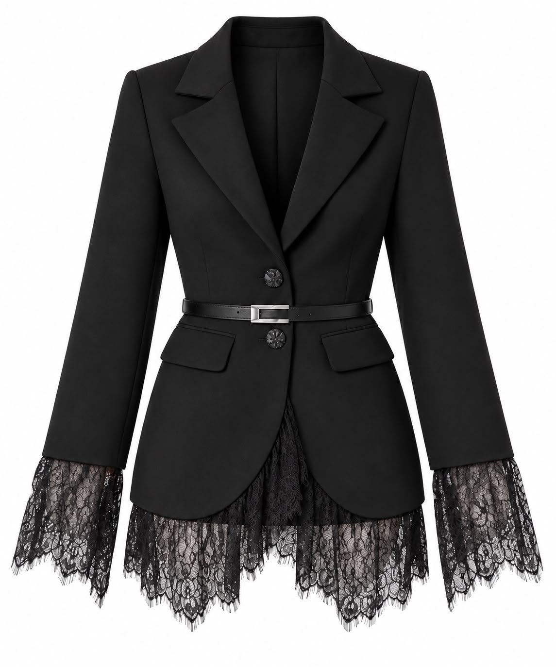 SHERY SİYAH BEL KEMERLİ DANTEL DETAYLI BLAZER CEKET