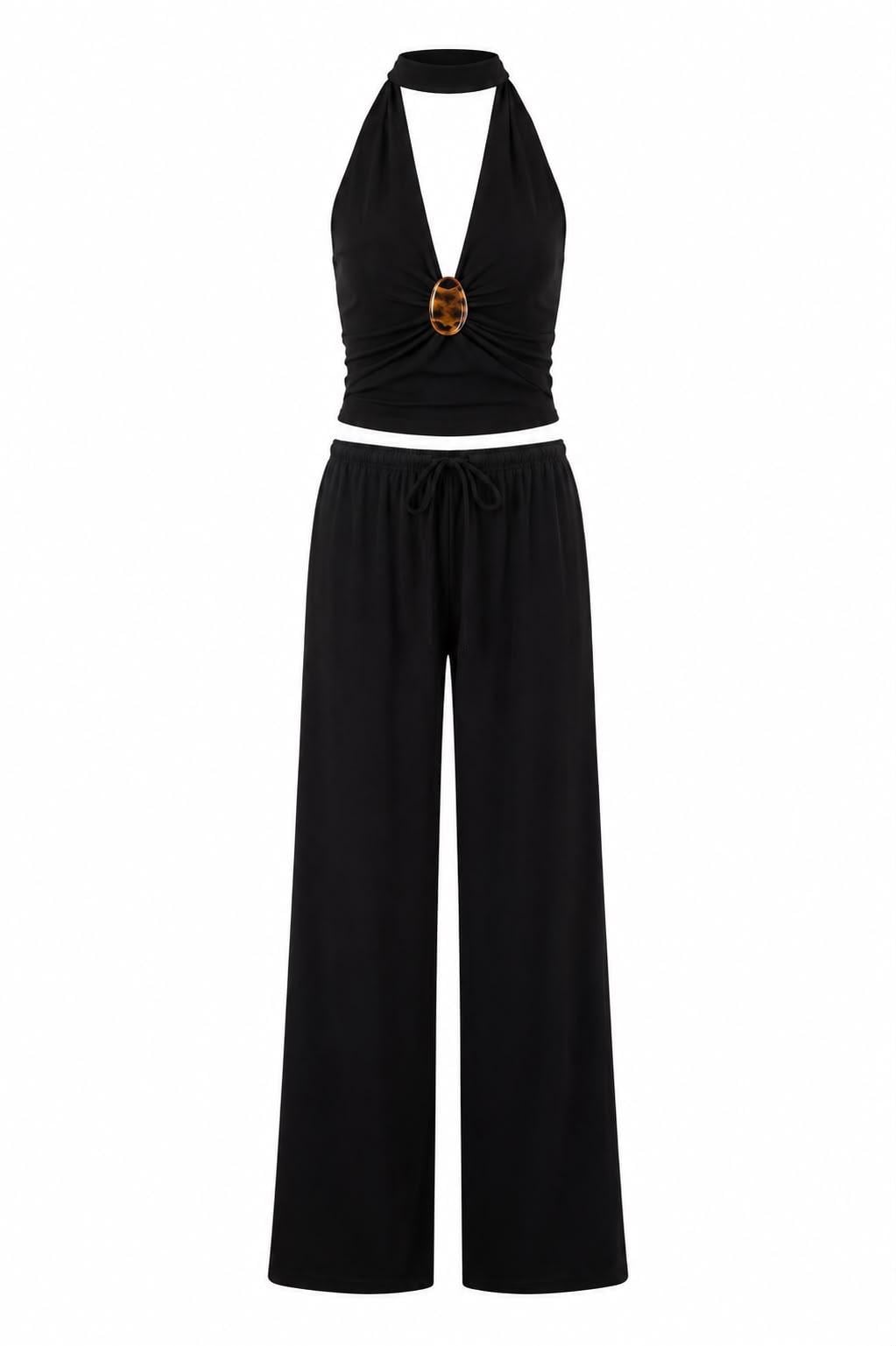 SİYAH GOLD BROŞLU BLUZ PANTOLON TAKIM