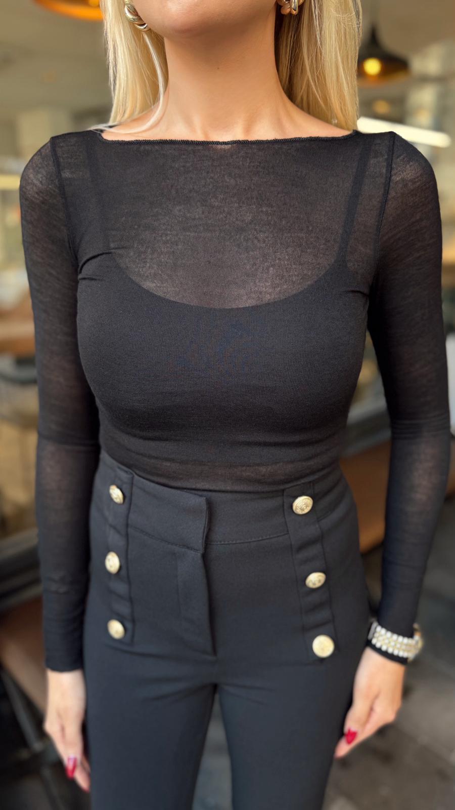 SİYAH KAYIK YAKA TRANSPARAN BLUZ