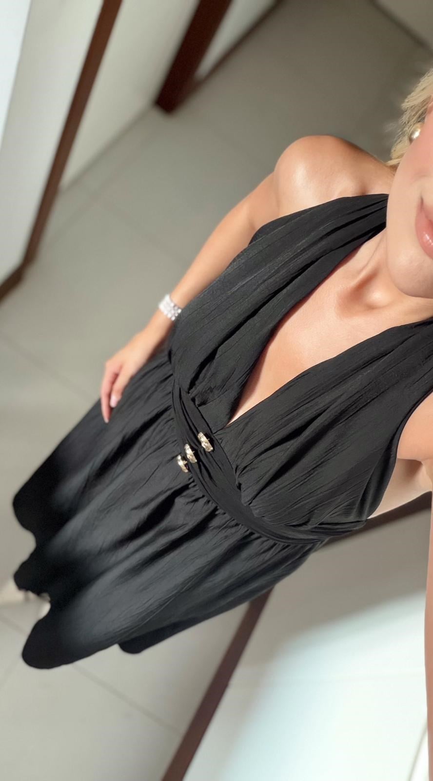 SİYAH LENNOX HALTER YAKA GOLD DÜĞMELİ ELBİSE