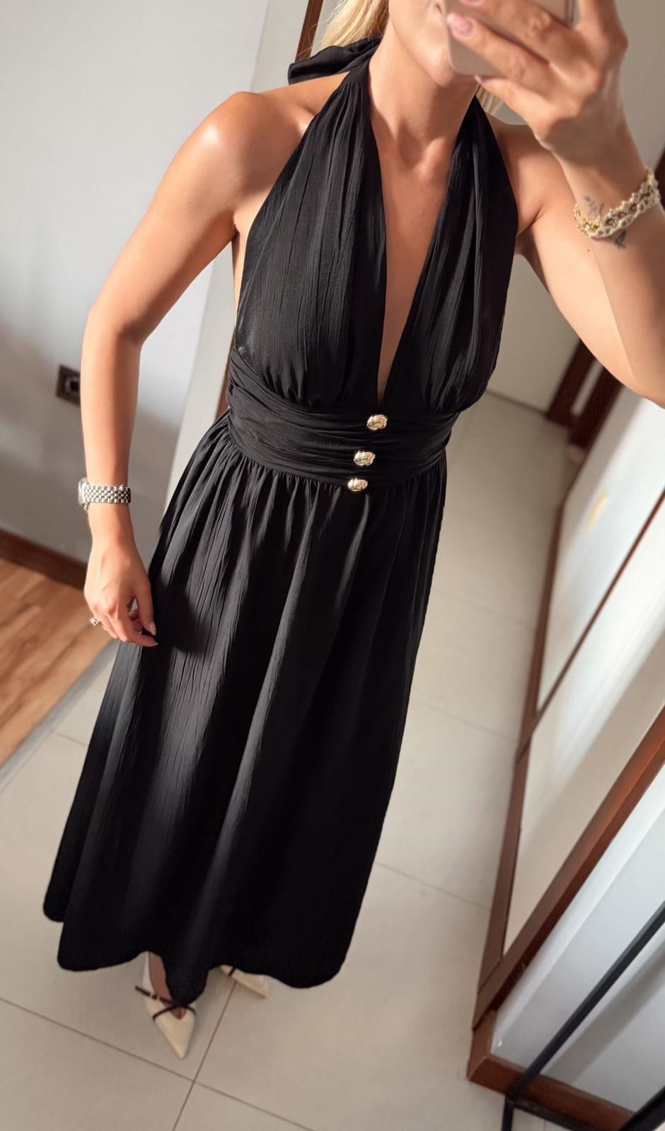 SİYAH LENNOX HALTER YAKA GOLD DÜĞMELİ ELBİSE