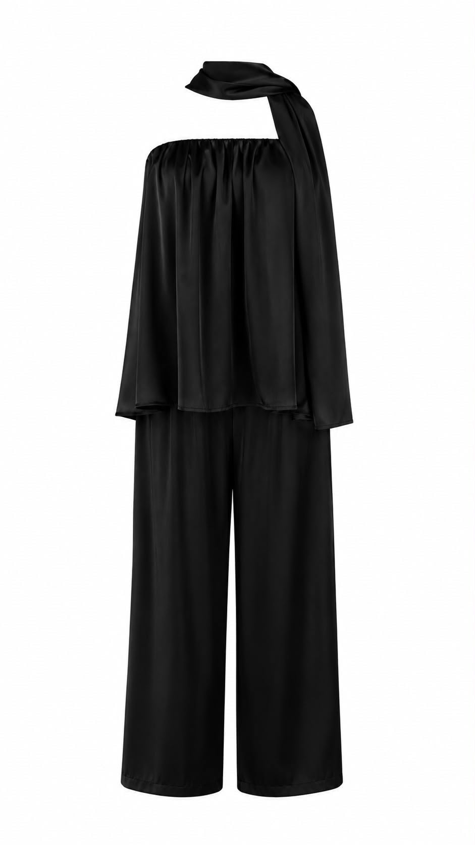 SİYAH SATEN FULARLI STRAPLEZ BLUZ PANTOLON TAKIM