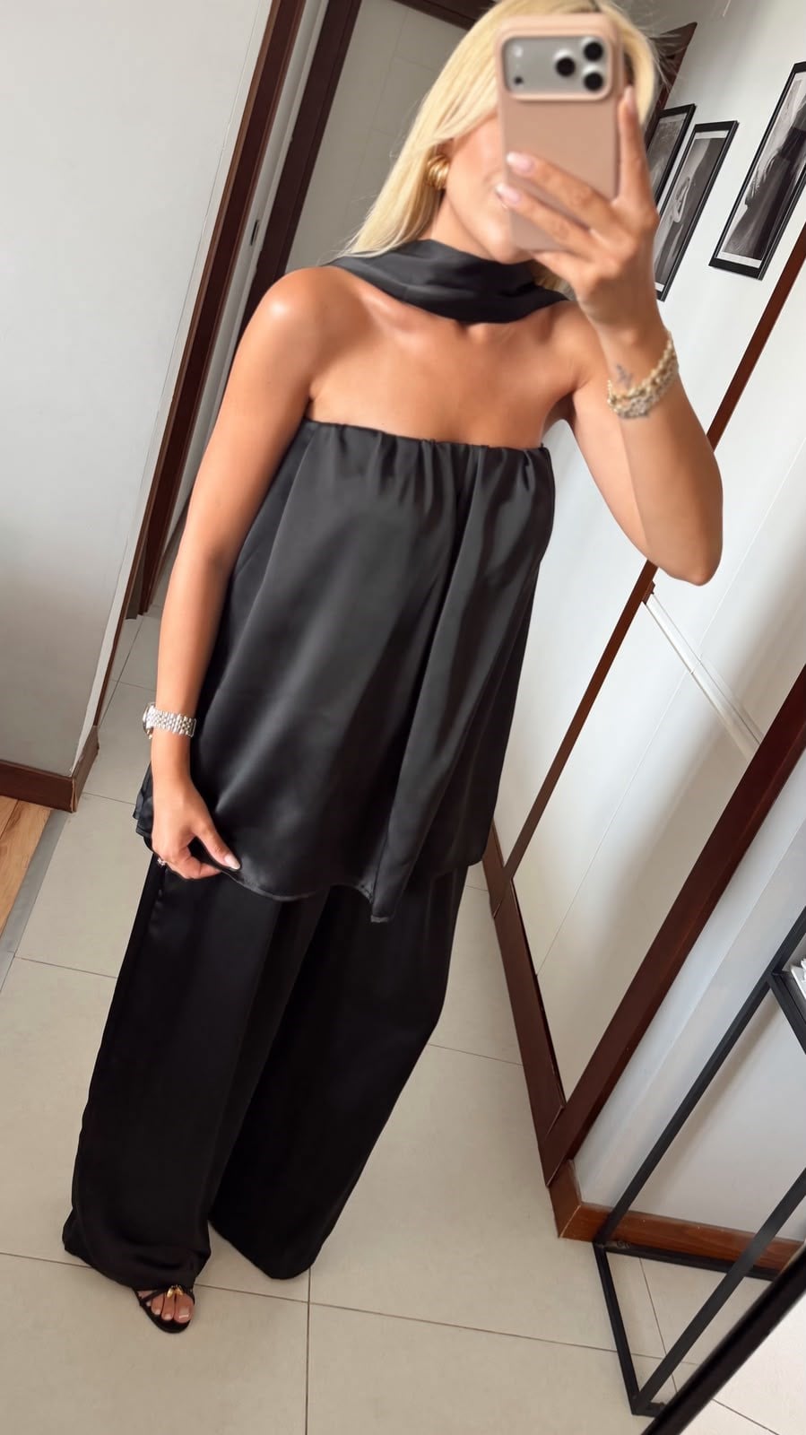 SİYAH SATEN FULARLI STRAPLEZ BLUZ PANTOLON TAKIM