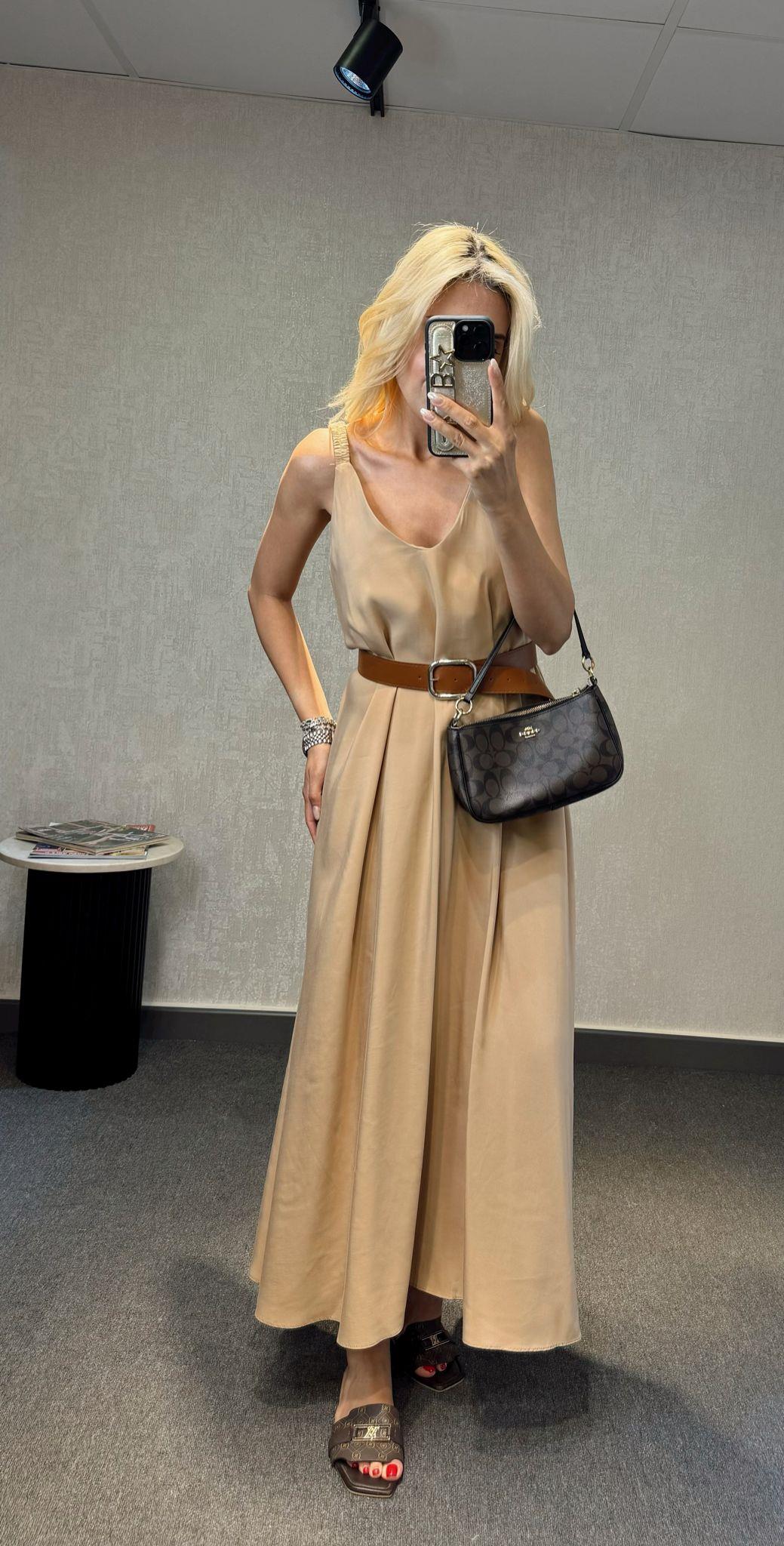 TENSEL ASKILI MAXİ BOY ELBİSE CAMEL