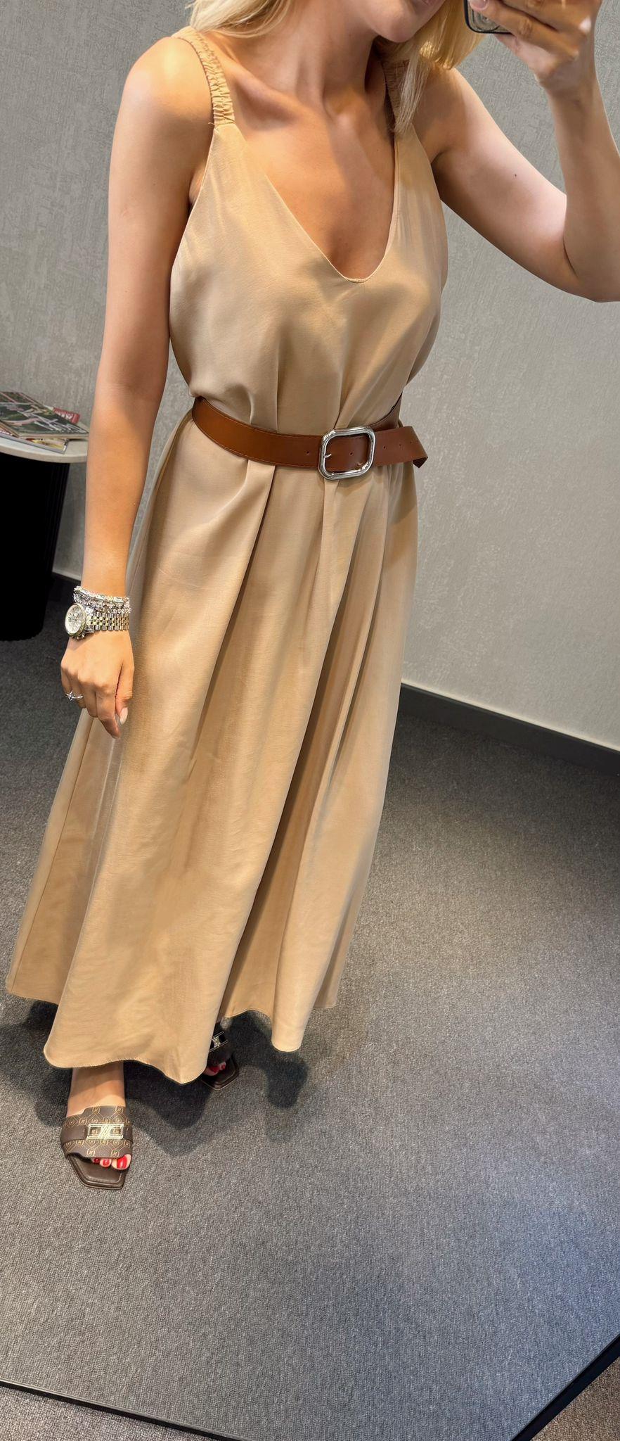 TENSEL ASKILI MAXİ BOY ELBİSE CAMEL