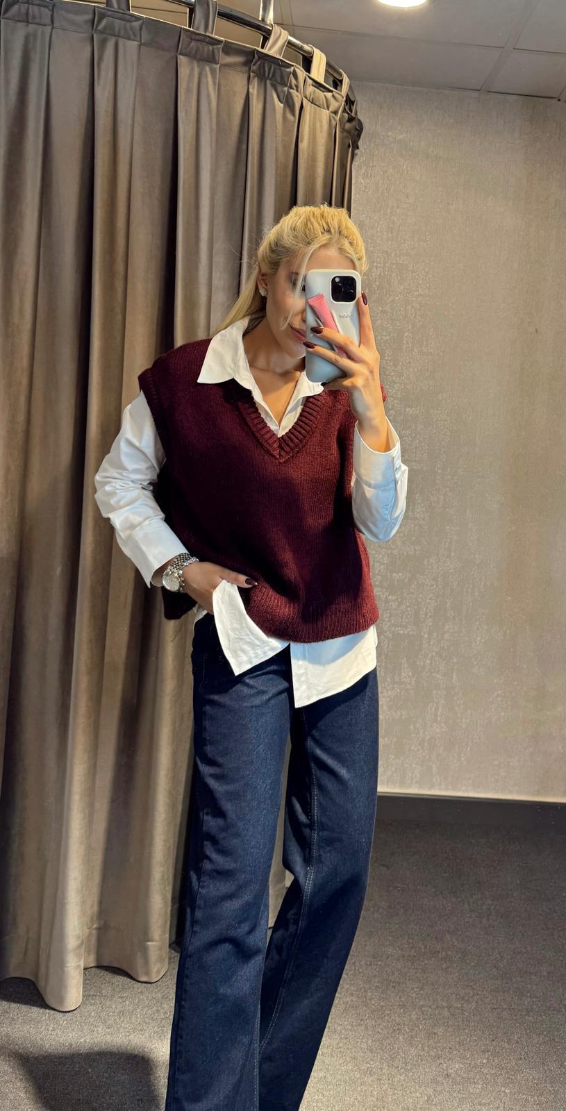 V YAKA BASİC TRİKO SÜVETER BORDO