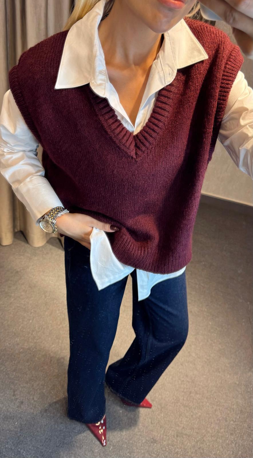 V YAKA BASİC TRİKO SÜVETER BORDO