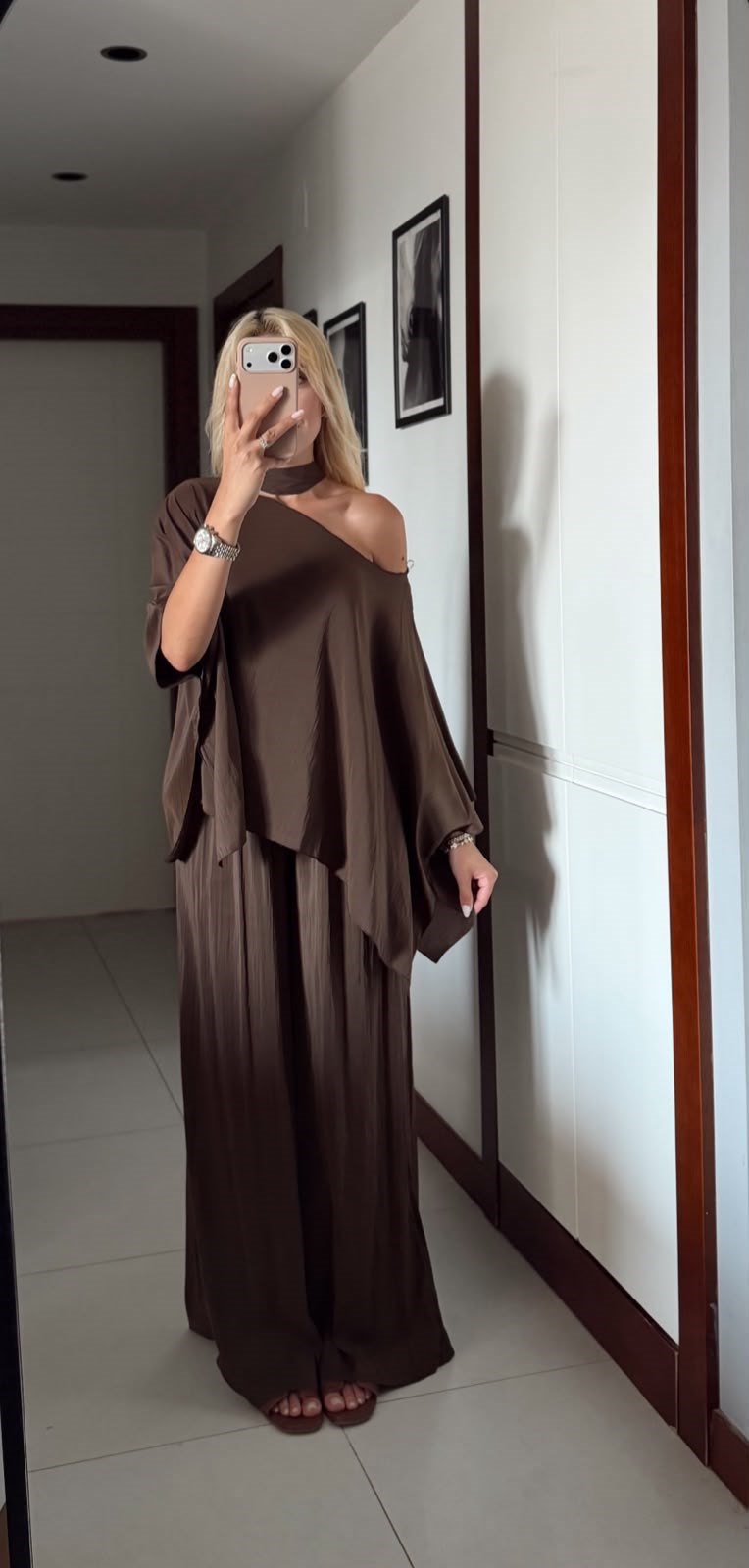 VELİNDA KAHVE ŞAL DETAYLI  BLUZ PANTOLON TAKIM