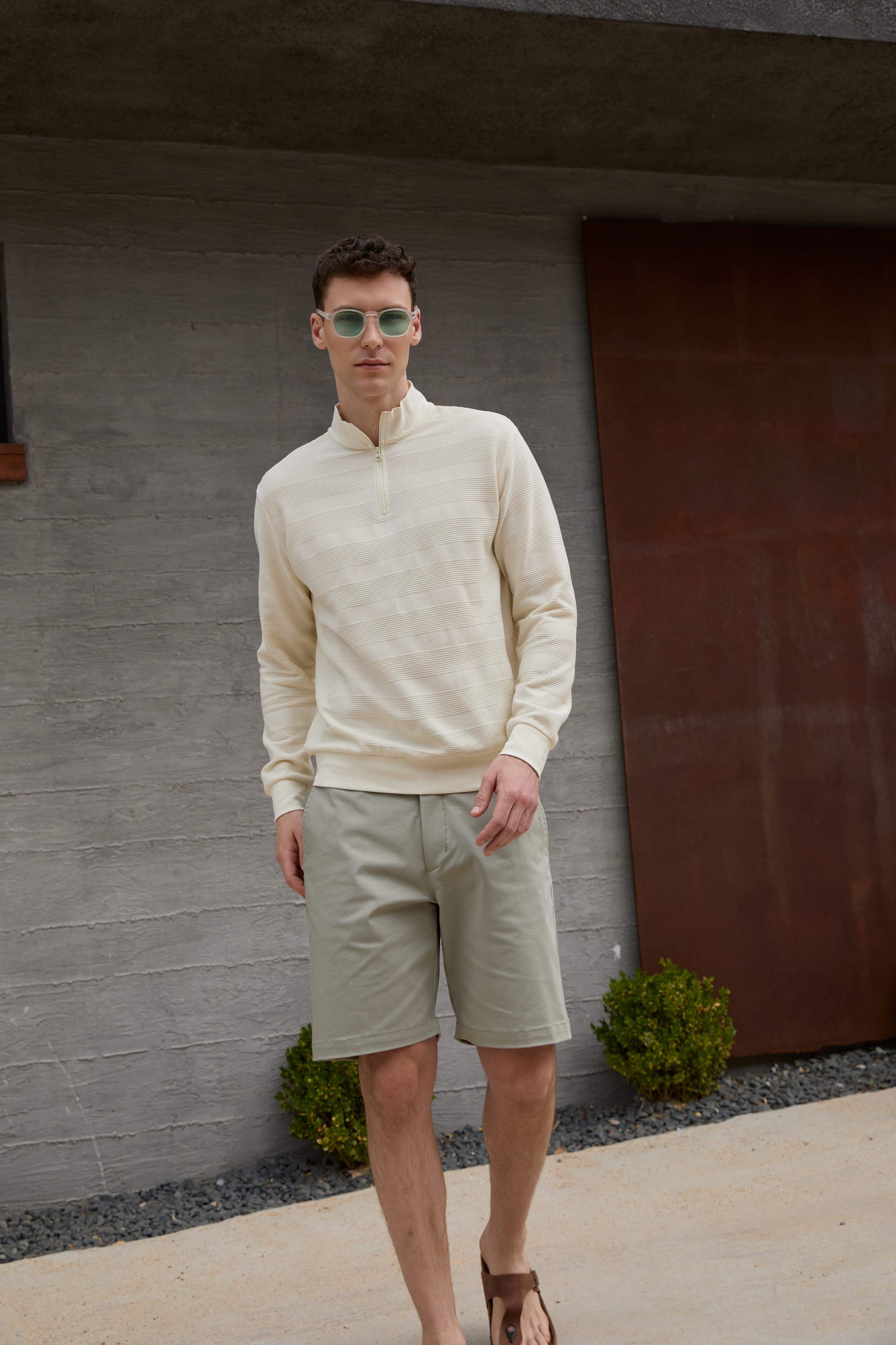 Fermuarlı Çizgili Dik Yakalı Sweatshirt