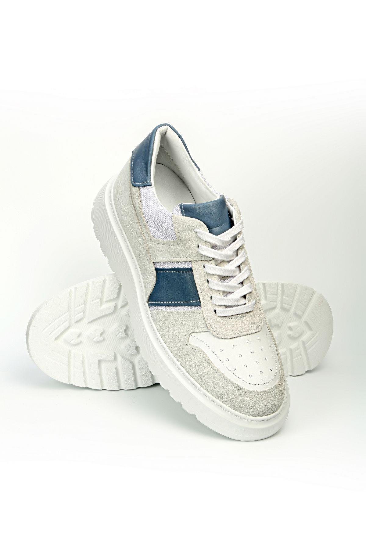 Prestige Hakiki Deri El Yapımı Erkek Beyaz/lacivert Sneaker Ayakkabı