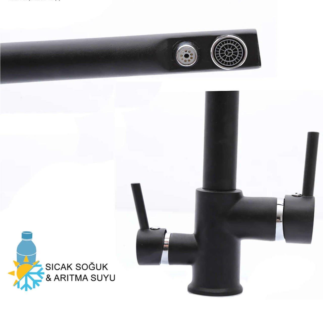 Arıtmalı 3 Yollu Musluk Mutfak Bataryası Siyah