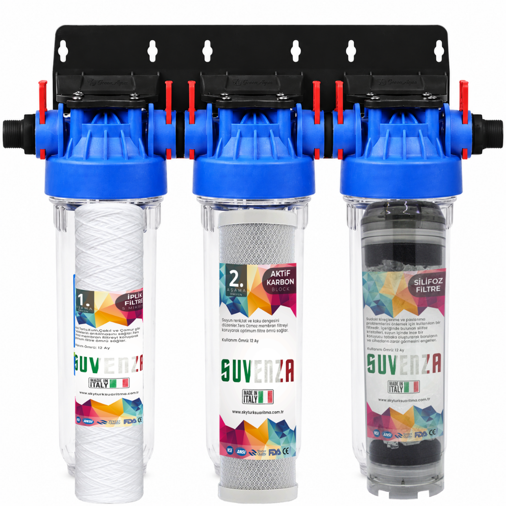 Green Aqua 10'' Üçlü Daire Girişi Su Arıtma Cihazı (İplik Filtre - Blok Karbon Filtre - Silifoz Filtre)
