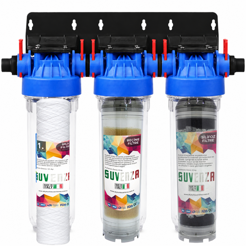 Green Aqua 10'' Üçlü Daire Girişi Su Arıtma Cihazı (İplik Filtre - Reçine Filtre - Silifoz Filtre)