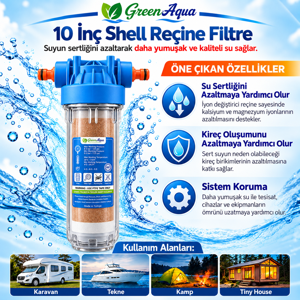 Karavan & Tekne Tipi Çok Fonksiyonlu Klor Ve Kireç Önleyici Depo Dolum Filtresi