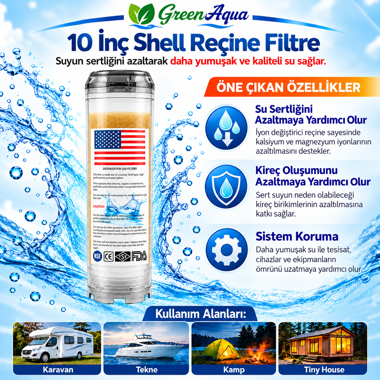 Karavan & Tekne Tipi Çok Fonksiyonlu Klor Ve Kireç Önleyici Depo Dolum Yedek Kartuş Filtresi