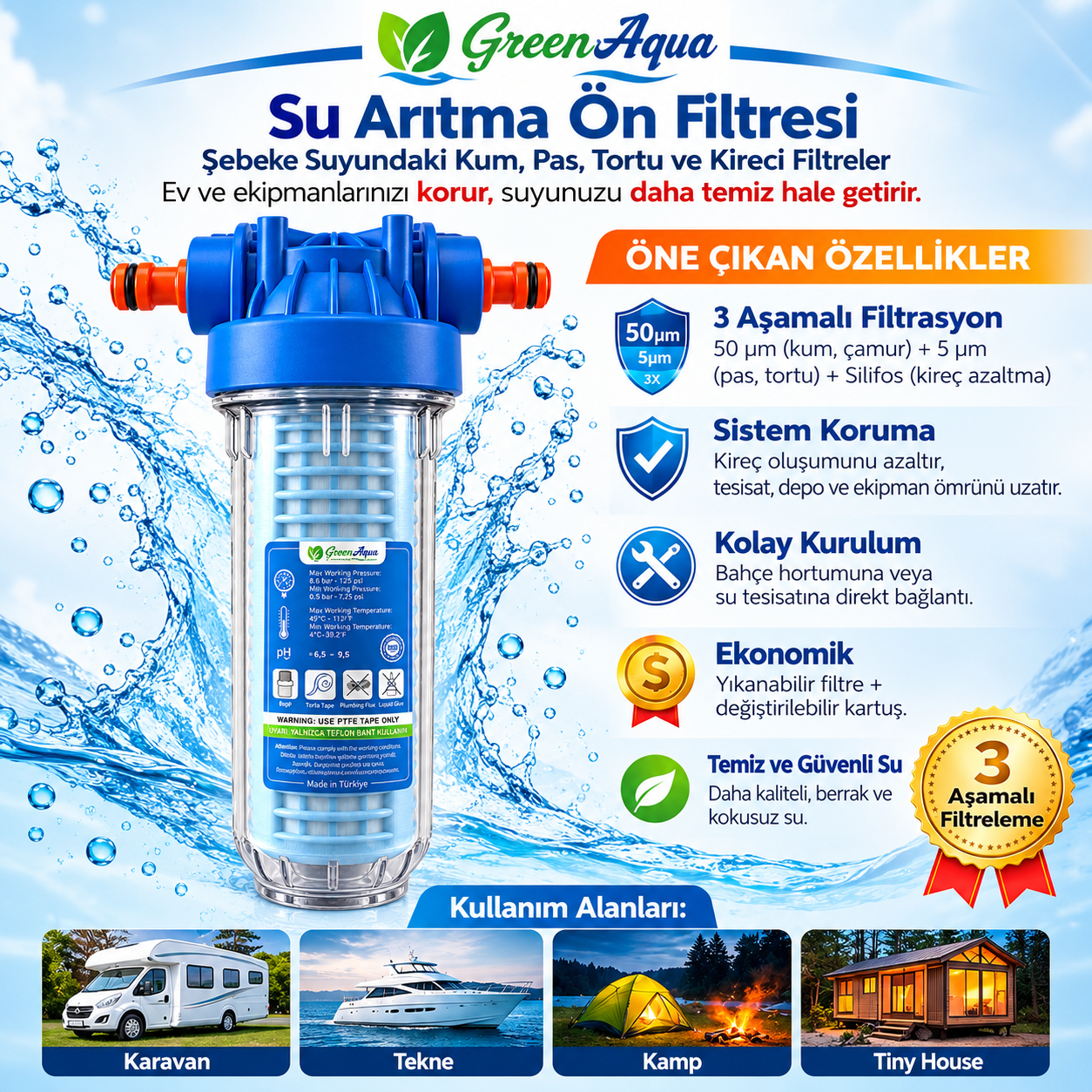 Karavan & Tekne Tipi Çok Fonksiyonlu Tortu Ve Kireç Önleyici Depo Dolum Filtresi