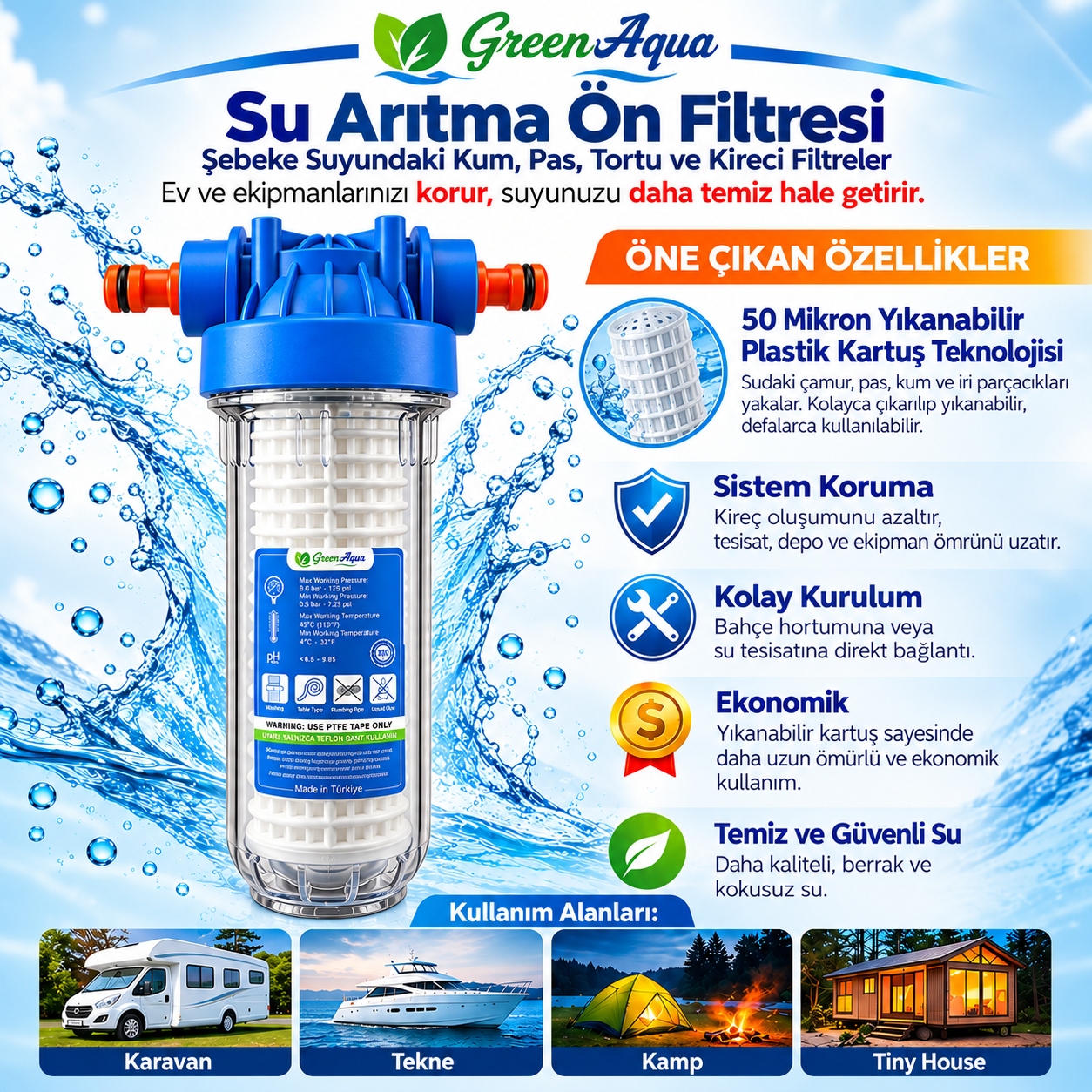 Karavan & Tekne Tipi Tortu Tutucu Su Deposu Dolum Filtresi