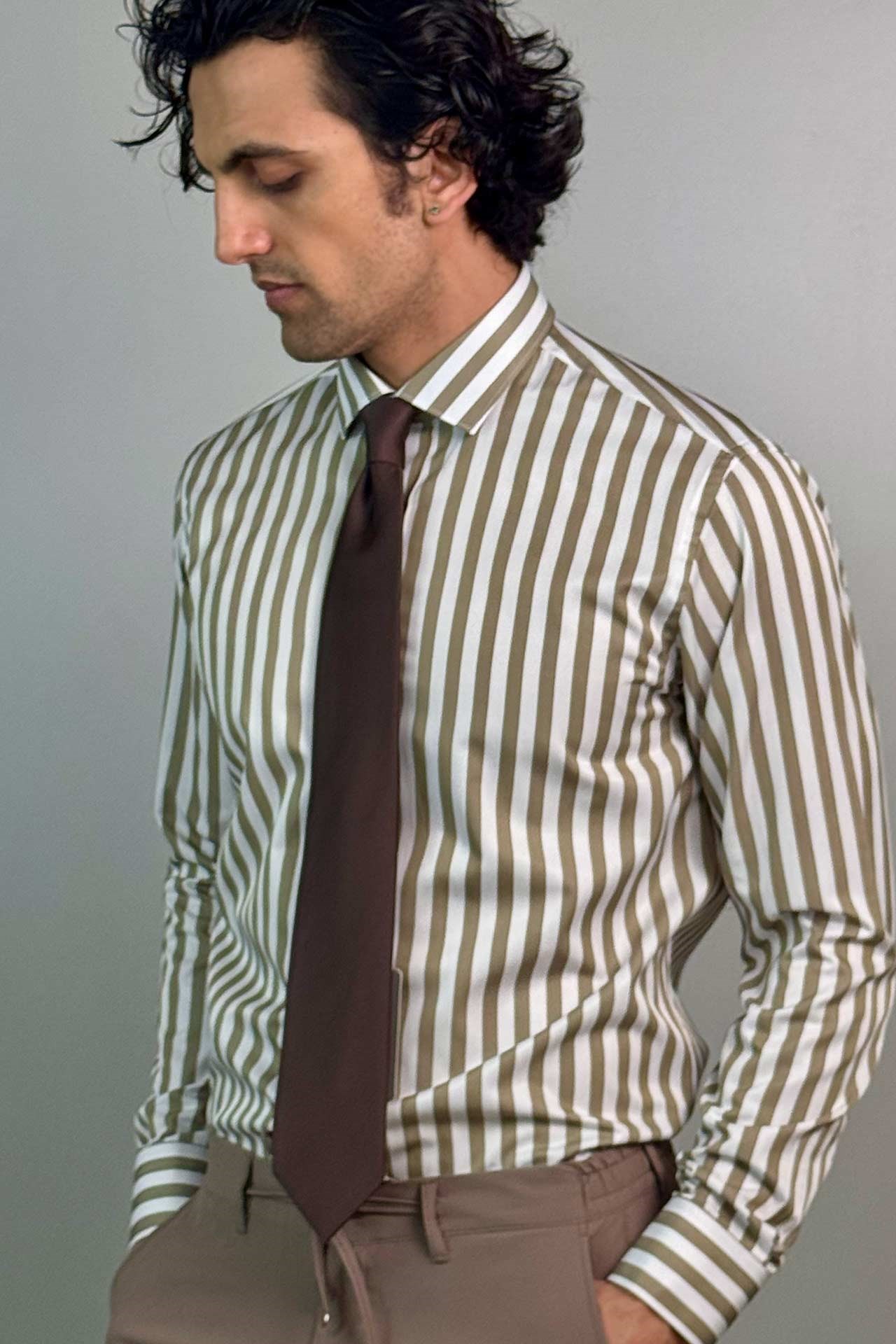 1001 Slim Fit Oxford Çizigili Gömlek CAPPİCİNO